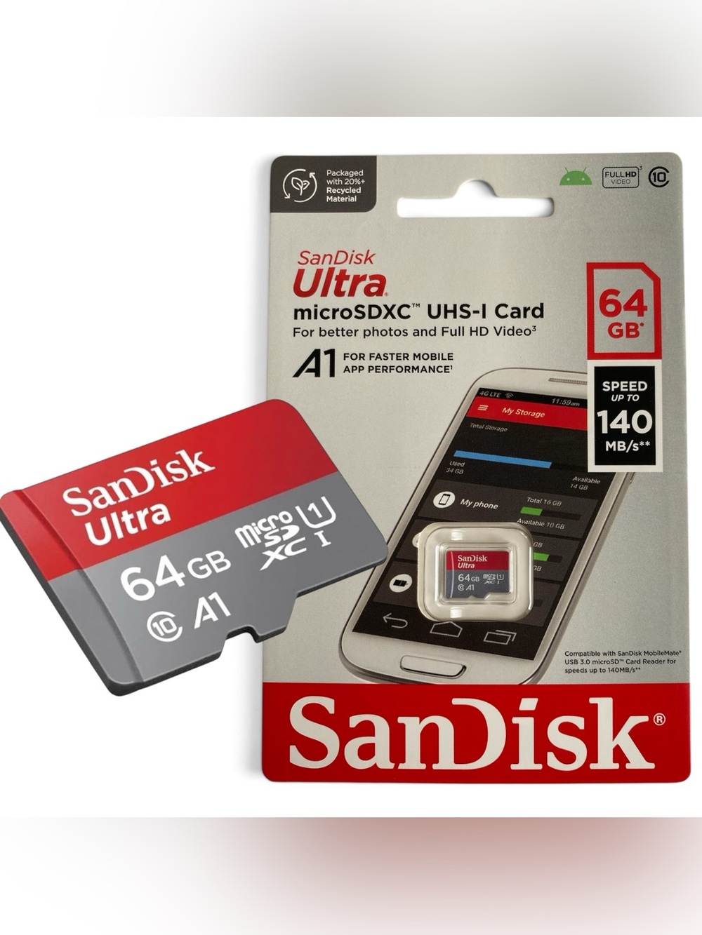SanDisk Ultra microSDXC 64GB UHS-I Memory Card A1 140MB/s Full HD Video